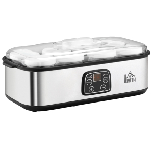 HOMCOM Yaourtière avec 8 pots en verre de 180ml, machine à yaourt électrique en acier inoxydable avec minuterie, thermostat réglable et affichage numérique pour des desserts maison sains