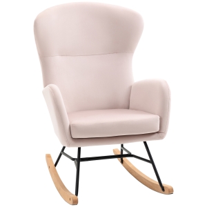 HOMCOM Poltrona Baloiço Estofada em Veludo com Assento Acolchoado Apoio para os Braços e Pés de Madeira de Faia 65x87x102cm Rosa