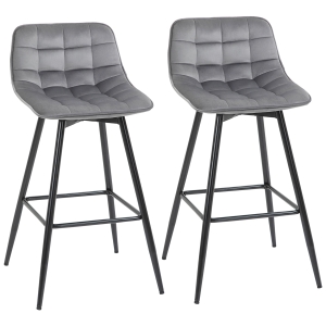 HOMCOM Lot de 2 tabourets chaises de bar design en velours capitonné et métal hauteur 64,5 cm - gris