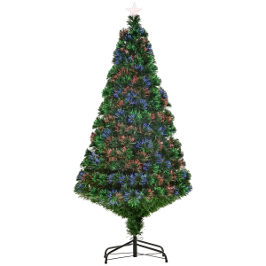 HOMCOM Sapin de Noël Artificiel Lumineux Fibre Optique Multicolore + Support Pied Ø 75 x 150H cm 180 Branches étoile Sommet Brillante Vert