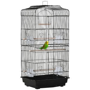 PawHut Gaiola para Passáros Gaiola de Metal com Portas 4 Comedouros 3 Poleiros Baloiço Bandeja Removível e Alça de Transporte para Papagaio Canário Periquito 46,5x35,5x92cm Preto