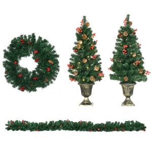 HOMCOM Decoración de Navidad 4 Piezas Adornos Navideños con 2 Árboles Corona y Guirnalda con Luces LED 40x40x90 cm Verde