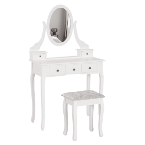 HOMCOM Dressing Table Vanity Set Vintage Desk Stool Mirror Makeup Furniture Shabby Chic Style Jewelry Cosmetic Storage 5 Drawers - White