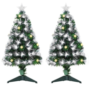 HOMCOM Set 2 Alberi di Natale Artificiali con Luci a LED, Fibre Ottiche e Base Pieghevole Rimovibile, Φ48x90 cm