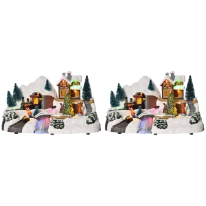 HOMCOM Villaggio Natalizio Luminoso, Set 2 Pezzi con Albero Girevole, 8 Musiche, Luci LED e Fibre Ottiche, 30x19x19.5 cm