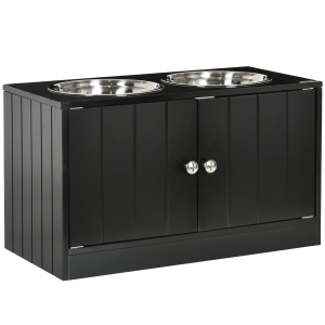 PawHut Boluri pentru caini mari Statie de hranire cu suport, depozitare, 2 boluri din otel inoxidabil pentru hrana si apa, negru, 60 x 30 x 35,5 cm