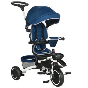 HOMCOM Tricicleta 7 in 1 pentru copii, Tricicleta pentru copii cu scaun rotativ, maner de impingere reglabil, centura de siguranta, baldachin detasabil,bara de siguranta pentru 12-50 de luni, albastru