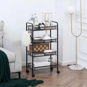 HOMCOM Carucior utilitar cu 4 niveluri, carucior de servire rulant cu cosuri de plasa detasabile, pentru sufragerie si bucatarie, spalatorie, garaj si baie, negru