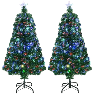 HOMCOM Set da 2 Alberi di Natale a Fibre Ottiche da 120cm con 16 Luci LED di 3 Colori, Verde