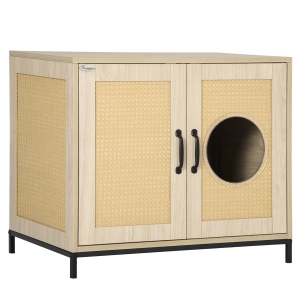 PawHut Meuble maison de toilette pour chat 2 en 1 niche cabane pour chat meuble cache litière chat avec double porte châssis Acier Panneaux Particules Aspect Bois Clair