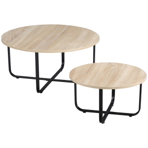 HOMCOM Lot de 2 tables gigognes tables basses rondes style industriel plateau aspect bois clair et piètement en métal noir