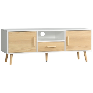 HOMCOM Meuble TV banc TV support TV pour télévision jusqu'à 46 pouces style scandinave avec 1 tiroir, 2 placards, 1 niche, 1 passe-câbles - 140 x 40 x 55,3 cm