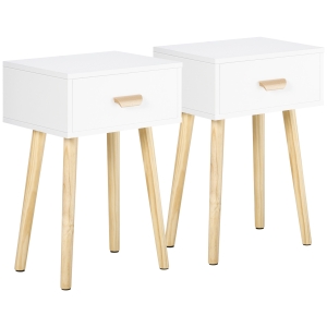 HOMCOM Juego de 2 Mesitas de Noche con Cajón y Patas de Madera para Dormitorio Salón Cama Oficina 40,5x30,5x60 cm Blanco