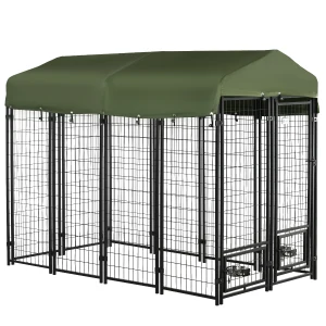 PawHut Outdoor Dog Kennel, Lockable Pet Playpen Crate, Welded Wire Steel Fence, with Water-, UV-Resistant Canopy, Rotating Bowl Holders 8x4x6ft Green