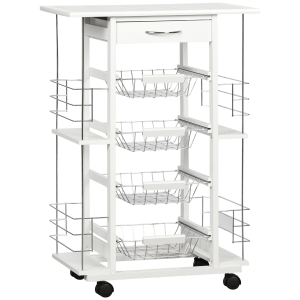 HOMCOM Chariot de service desserte de cuisine à roulettes multi-rangements 4 paniers métal tiroir + 4 range-bouteilles bois pin plateau carrelé blanc