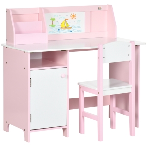 HOMCOM Conjunto de Mesa e Cadeira Infantil de Madeira com Quadro Branco Mesa de Estudo para Crianças acima de 5 Anos 90x45x85cm Rosa