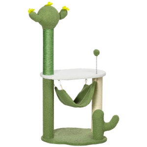 PawHut Árbol Rascador para Gatos con Forma de Cactus con Hamaca Plataforma Postes de Sisal y Bola 45x45x90 cm Verde