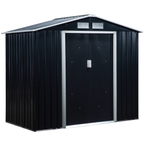 Outsunny Abrigo de Jardim 213x130x185cm Abrigo de Jardim Metálico de Exterior com 2 Portas Deslizantes e 4 Janelas Cinza Escuro