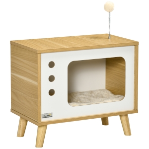 PawHut Mesa Auxiliar Cama Cueva para Gatos Estilo Televisor con Cojín Lavable y Bola de Juguete 50x28x43 cm Roble