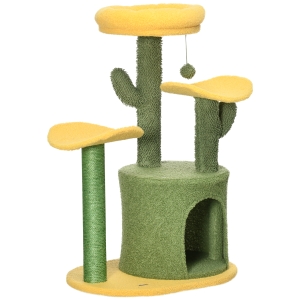 PawHut Árbol Rascador para Gatos en Forma de Cactus con Cama Cueva Postes de Sisal y Bola Colgante 54x39x83 cm Verde