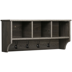 HOMCOM Appendiabiti a Muro Stile Rustico con 4 Ganci e Vani in Legno e Metallo, 80x24x35.5cm, Grigio