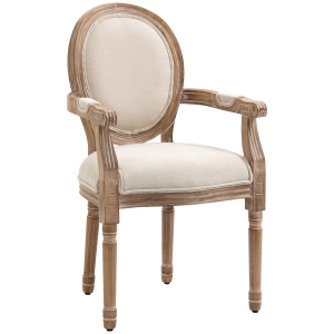 HOMCOM Fauteuil médaillon Chaise de Salle à Manger Style Louis XVI Bois Massif patiné sculpté Tissu Lin Beige - 49 x 56 x 96 cm