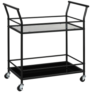 HOMCOM Carucior de bucatarie rulant, carucior de depozitare utilitar pe 2 niveluri, carucior de servire cu raft din sticla securizata pentru bar de casa, camera de zi, negru