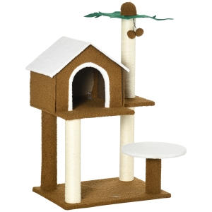 PawHut Árbol Rascador para Gatos con Caseta Plataformas Poste en Forma de Palmera y Bolas Colgantes 55x40x89 cm Marrón