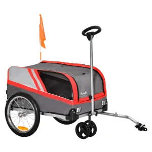 PawHut Dog Bike Trailer Two-In-One Trolley Stroller Cart Bicycle Carrier for Cat Puppy Travel w/ Reflectors Red Flag â€“ Red