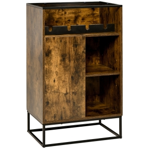 HOMCOM Aparador con Botellero para 4 Botellas con Encimera de Cristal Estilo Industrial 60x40x100 cm Marrón Rústico