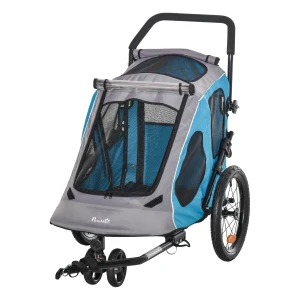 PawHut Dog Bike Trailer 2-IN-1 Steel Pet Cart Carrier for Bicycle with 360Â° Rotatable Front Wheel Reflectors Straps Cup Holder Water Resistant Blue