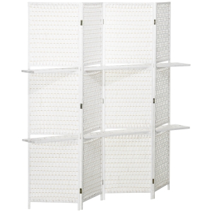 HOMCOM Biombo Separador de Ambientes Plegable con 2 Estantes de Madera de Pino y Fibra de Papel 181x180 cm Blanco