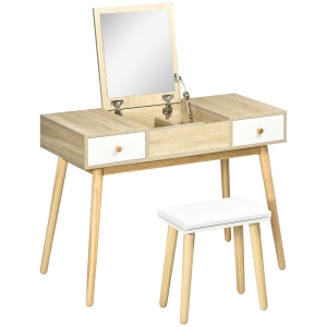 HOMCOM Ensemble de coiffeuse avec tabouret miroir rabattable style scandinave 2 tiroirs 100 x 45 x 118 cm naturel et blanc