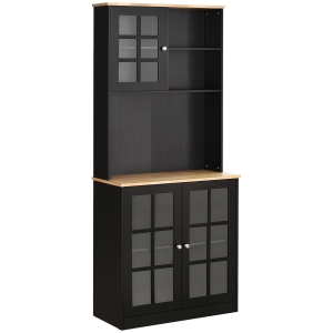 HOMCOM Armoire de cuisine multi-rangements 3 portes vitrine verre avec étagère 2 niches grand plateau MDF noir chêne