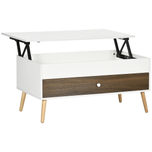 HOMCOM Mesa de Centro com Bancada Elevatória Gaveta Armazenamento Oculto e Estrutura de Aço 100x50x49-62cm Branco e Carvalho