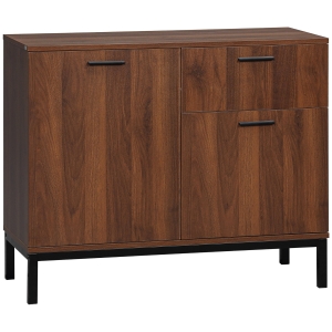 HOMCOM Meuble de rangement 2 portes étagère réglable 1 tiroir pieds métal noir façades aspect bois wengé 90 x 39 x 75 cm noyer