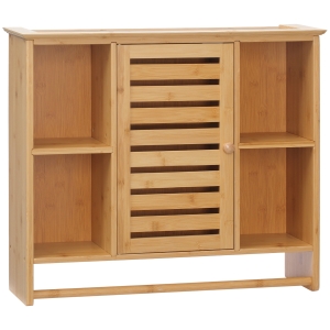 kleankin Armario de Pared de Bambú Mueble Colgante de Baño con 4 Compartimientos y Toallero 65x17,8x54,6 cm Natural
