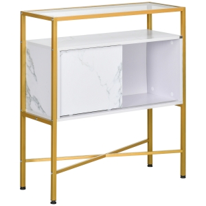 HOMCOM Table console table d'entrée avec plateau en verre trempé, placard avec porte pieds en acier 80 x 30 x 90 cm blanc