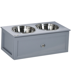 PawHut Comedero Elevado para Perros Medianos con 2 Cuencos de 2000 ml de Acero Inoxidable y 1 Cajón 63x30x24 cm Gris