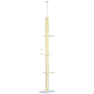 PawHut 260cm Cat Tower Cat Tree, Floor to Ceiling, Height Adjustable with Anti-slip Kit and Fish-shaped Scratching Post Ball, Yellow