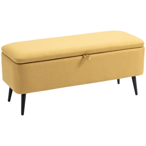 HOMCOM Banco de Armazenamento Estofado em Linho com Tampa Abatível e Pés de Aço Carga Máxima 150kg 102x40x39,5cm Amarelo