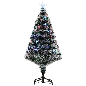 HOMCOM 4ft Artificial Prelit Christmas Tree, Snow Xmas Tree with Colourful LED Lighting Fiber Optics, Green White