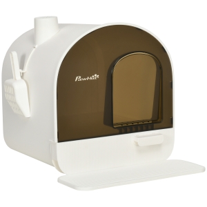 PawHut Maison de toilette bac à litière pour chat avec porte battante, pelle et filtre inclus dim. 43L x 44l x 47H cm - Blanc et Noir