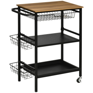 HOMCOM Carucior de bucatarie cu 3 nivele, cu 2 roti, un cos detasabil si o tava din MDF si otel, 75x43,5x91 cm, culoare lemn si negru