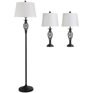 HOMCOM Juego de 2 Lámparas de Mesa y Lámpara de Pie con Pantalla de Tela E27 Máx. 40W Ø38x158 cm y Ø30x62 cm Blanco