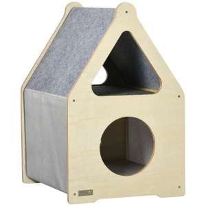 PawHut Niche pour chat 2 niveaux design scandinave avec tissu amovible et 2 coussins - 48 x 37,5 x 60 cm gris et bois naturel