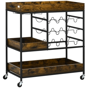 HOMCOM Carrito de Cocina de Estilo Industrial con Ruedas Botellero y Soporte para 6 Copas 86,5x40x91,5 cm Marrón Rústico