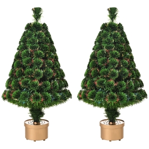 HOMCOM Set de 2 brazi de Craciun artificiali din fibra optica de 90 cm cu iluminare multicolora, 95 de ramuri si baza detasabila, Φ50x90 cm, verde