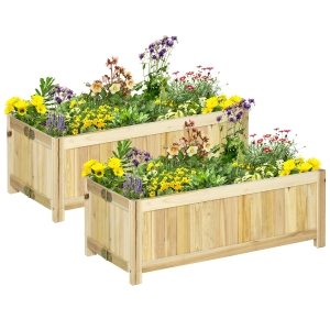 Outsunny Set de 2 ghivece pliabile din lemn pentru exterior, gradina de legume pentru balcoane in cutie pliabila cu baza de drenaj, 70x30x25 cm, culoare lemn