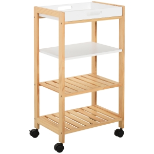 HOMCOM Carucior de bucatarie cu 4 nivele din MDF si lemn de pin cu 4 roti pivotante, 40x30x76 cm, alb si maro